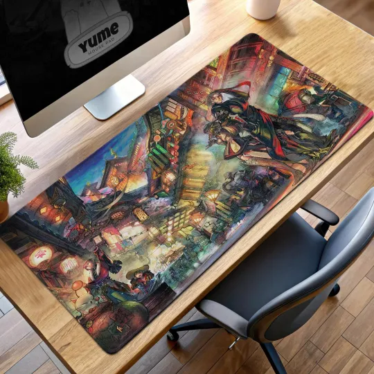 Final Fantasy Samurai Desk Mat: Vibrant Market Scene Gaming Mouse Pad