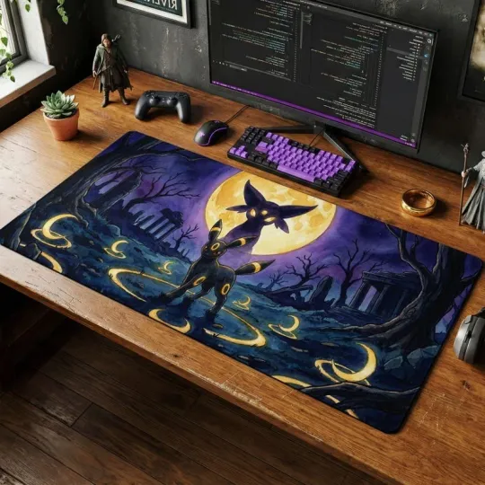Discover Umbreon Mystic Moon Desk Mat, Dark Watercolor Gaming Mouse Pad, Gothic Anime