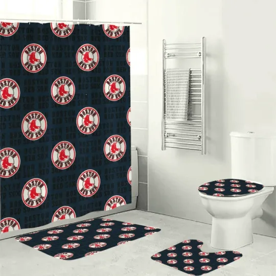 Boston Red Sox Logo Pattern 4-Piece Bathroom Set with Waterproof Shower Curtain