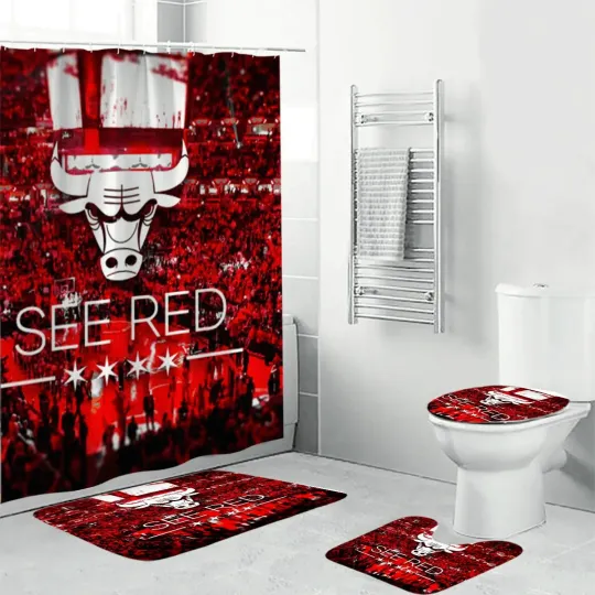Chicago Bulls Emblem Waterproof Shower Curtain and Toilet Lid Cover Set