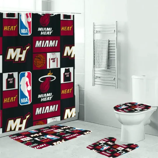 Miami Heat Logo Waterproof Shower Curtain Toilet Lid Cover Bath Mat Four-Piece Bathroom Set
