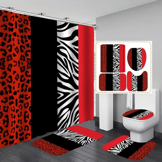 Discover Leopard Print 4-Piece Bathroom Set with Shower Curtain, Rug, Toilet Lid Cover, and Bath Mat