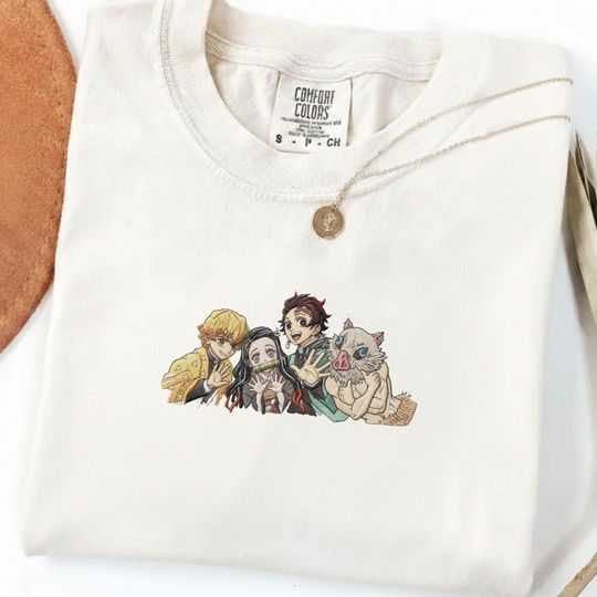 Anime Demon Characters Embroidered T-Shirt: Tanjirou, zenittsu, Inosuke, Neko