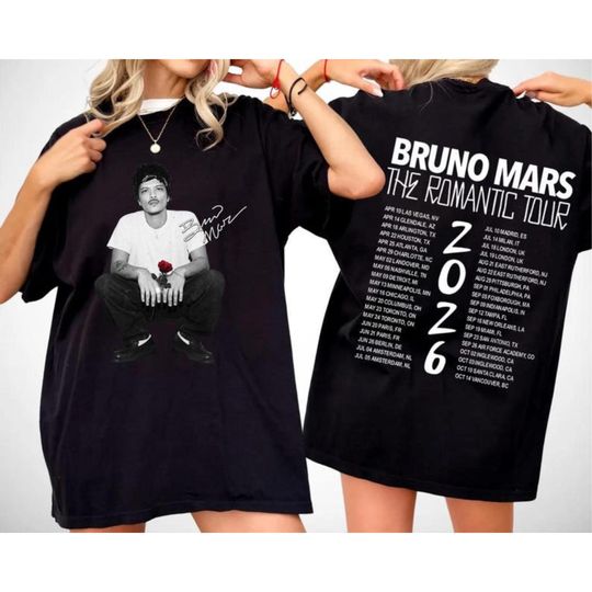 Discover Bruno Mars Romantic Tour 2026 Shirt, Retro Concert Tee, Unisex Vintage Pop Music T-Shirt, Tour Dates Back Print Graphic Fan Gift