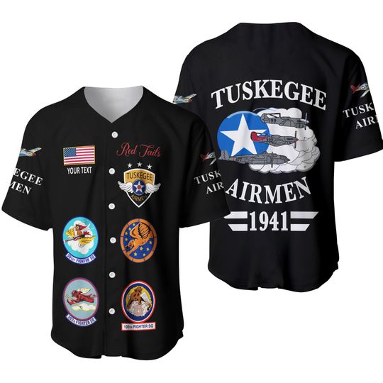 Tuskegee Airmen 1941 Black Baseball Jersey - Honor the Red Tails with Squadron Patches
