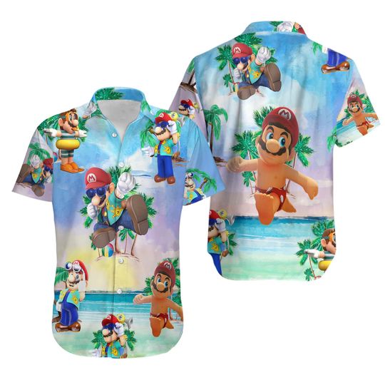 Super Mario Hawaiian Shirt, Button-Up, Sunshine Hawaiian, Gaming Shirt