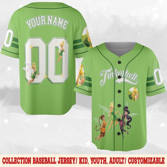 Custom Disney Tinkerbell Baseball Jersey, Custom Name Kid Youth Adult Disney Jersey, Disney Princess Baseball Matching, Disney Gifts