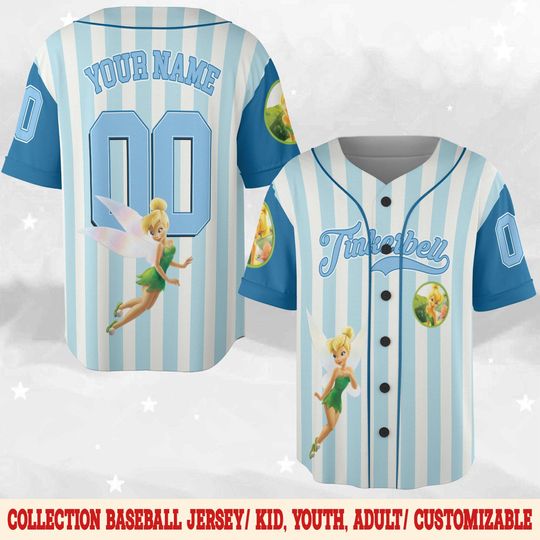 Custom Disney Tinkerbell Baseball Jersey, Custom Name Kid Youth Adult Disney Jersey, Disney Princess Baseball Matching, Disney Gifts