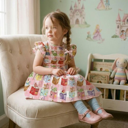 Pink Plaid Sidekick Book Lover Ruffle Dress, Pascal Flounder Storybook Twirl Dress, Reading Teacher Daughter Boutique Birthday Outfit