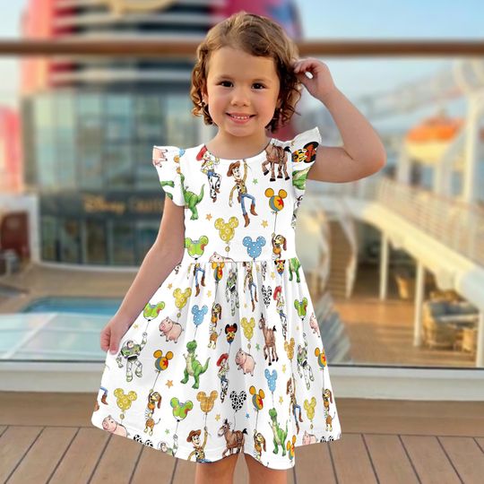 Playful Toy Story Balloon Ruffle Dress, Disney Flutter Sleeve Dress, Woody Buzz Lightyear Jessie Rex Outfit, Toy Story Dress for Girls
