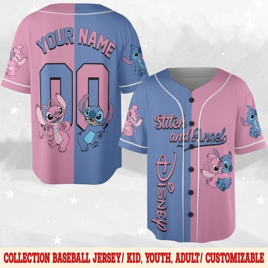 Personalize Stitch and Angel Baseball Jersey, Custom Lilo & Stitch Valentines Day Jersey Shirt, Disney Couple Gift