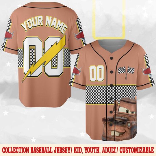 Personalized Disney Tow Mater Pixar Cars Baseball Jersey, Disney Cars Tow Mater Jersey Shirt, Disney Cars Birthday Gift