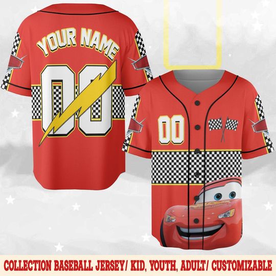 Custom Cars Lightning Mcqueen Baseball Jersey, Team Shirt Gift For Disney Pixar Fans, Lightning Mcqueen Jersey For Baseball Fan