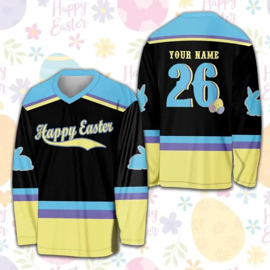 Discover Personalized Happy Easter Color Bunny Easter Eggs Hockey Jersey