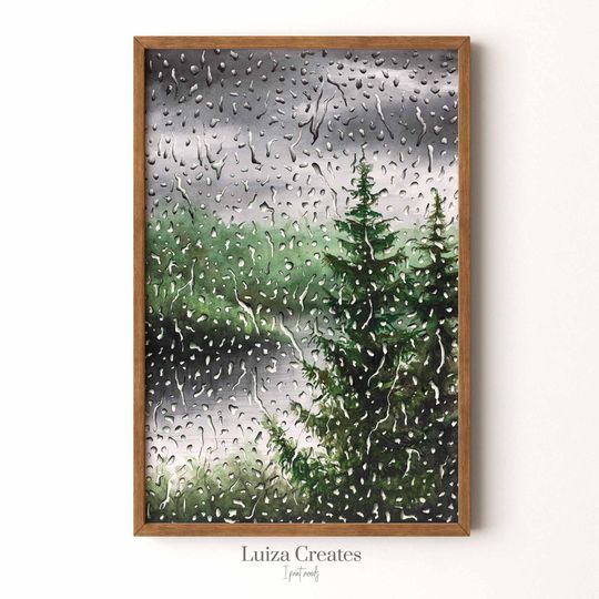 Discover Rainy Window Wall Art: Archival Print of Moody Pacific Northwest Forest (Original Painting Reproduction)