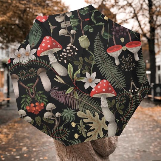 Mushroom Umbrella - Botanical Ferns Print, Cottagecore Rain Umbrella