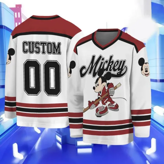 Discover Personalized Mickey Play Ice Hockey Game Day Sports Fan Hockey Jersey
