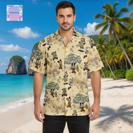 Discover Mickey Safari Hawaiian Shirt, Disney Animal Kingdom Aloha Shirt, Mickey Mouse Tropical Button Up, Disney Vacation Beach Shirt for Men