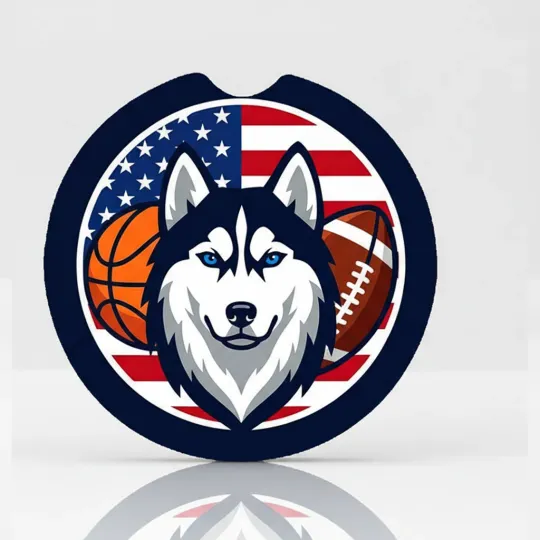 Patriotic Husky Dog Sports Car Coaster American Flag Basketball Football