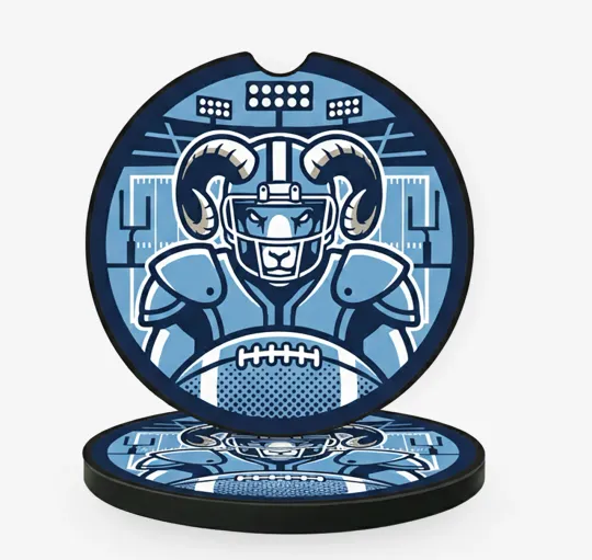 Blue Ram Football Mascot Car Coasters Set - Absorbent Auto Cup Holder Inserts