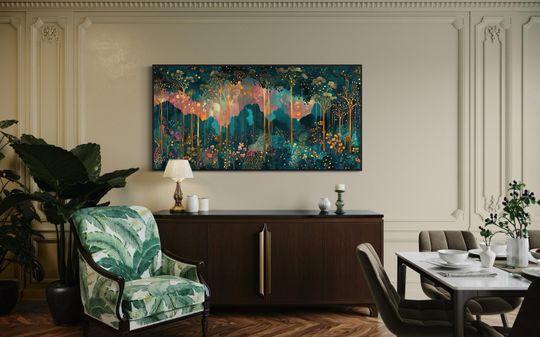 Discover Rain Forest Panoramic Art - Mystical Woodland Canvas Print with Golden Accents, Perfect for Above Couch Decor and Luxury Spaces