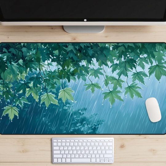 Discover Warm Spring Rain Outside My Window Desk Mat, Summer Raindrops On Green Leaves Desk Pad, Calm Nature Mousepad, Cozy Blue and Green Aesthetic