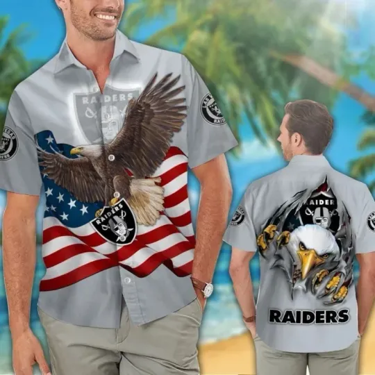 Discover Las Vegas Raiders Patriotic Eagle football Hawaiian Shirt, Gift For Friend