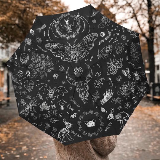 Dark Cottagecore Umbrella: Gothic Forest Print, Animal Skulls