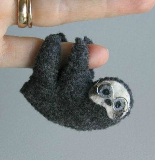 Discover Sloth with glasses stuffed animal hugger, miniature felt rain forest -black sloth