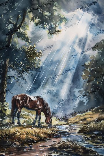 Discover Horse Art Print: Moody Rain Forest Stream - Decoupage Paper