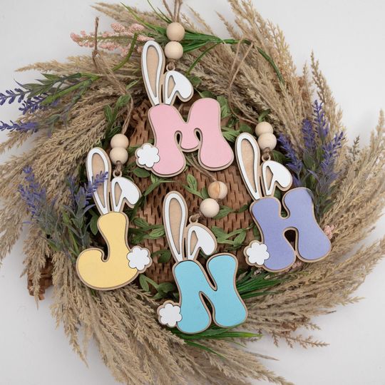 Personalized Wooden Easter Basket Tag, Bunny Ears Initial