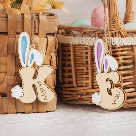 Custom Easter Alphabet Bunny, Personalized Wooden Engraved Basket Tag, Easter Egg Hunt Label for Kids, Family