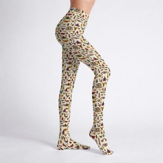Discover Vintage Insect Field Guide Tights, Beetle Butterfly Print Goblincore Apparel
