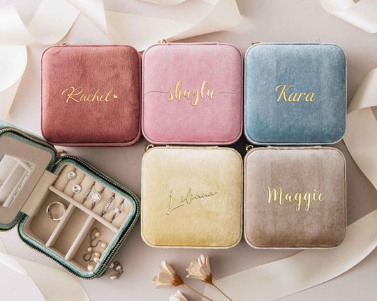 Personalized Velvet Jewelry Box, Square Travel Jewelry Case, Bridesmaid Gift