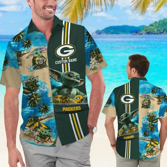 Discover Green Bay Packers Baby Yoda Name Personalized  Button Up Tropical Ha