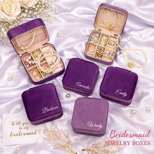 Discover Customized Bridesmaid Jewelry Box, Personalized Velvet Travel Jewelry Case, Bridal Party Gift, Bridesmaid Proposal Box, Jewelry Organizer