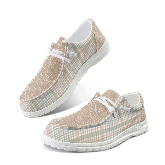 Tan Plaid Canvas Loafers Shoes