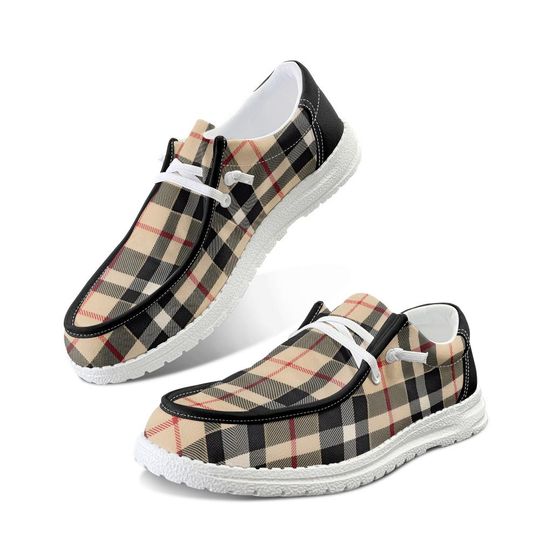 Tartan beige Black and Tan Canvas Loafers Shoes