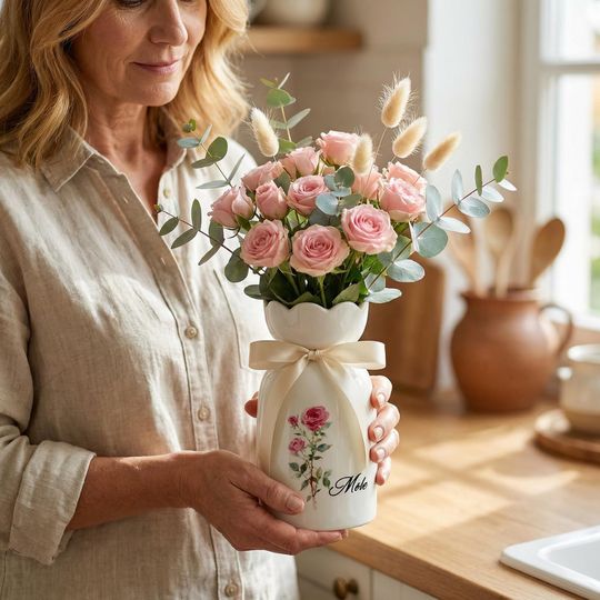 Personalized Birth Flower Ceramic Vase with Bow, Mother's Day Gift, Grandma Keepsake