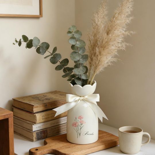 Personalized Birth Flower Vase With Name, Ceramic Vase Birthday Gift, Gift for Mom, Birthday Gift for Grandmother, Bridesmaid Gifts with Bow