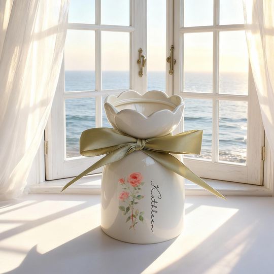 Discover Watercolor Birth Flower Vase With Bow, Custom Name Ceramic Vase Birthday Gift, Birthday Gift for Mom or Grandma