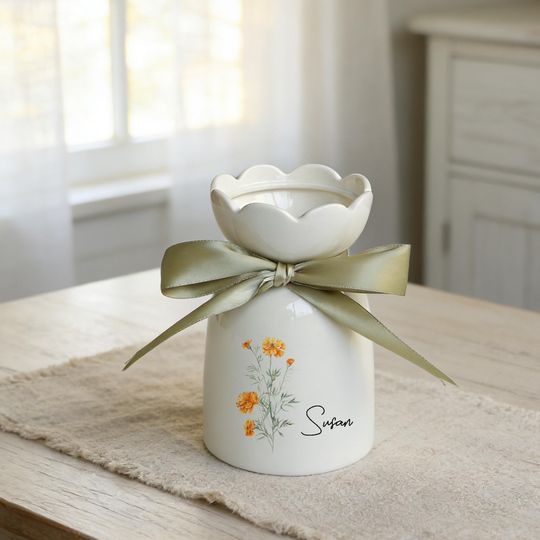 Birth Month Flower Flower Vase, Ceramic Vase with Bow, Personalised Name Vase, Home Decor, New Home Gift, Birthday Gift For Women
