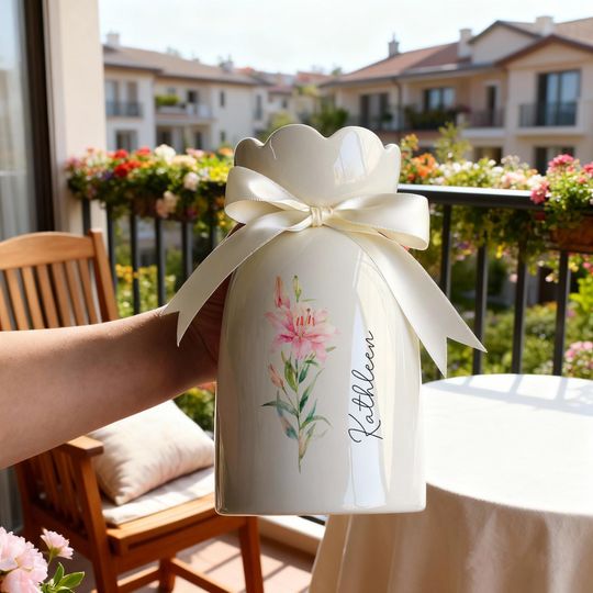 Watercolor Birth Flower Vase With Bow, Name Ceramic Vase Birthday Gift, Gift for Mom, Birthday Gift for Grandmother, Mother's Day Gift