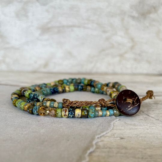 Beaded Wrap Bracelet Necklace: Rain Forest Seed Beads, Boho Style
