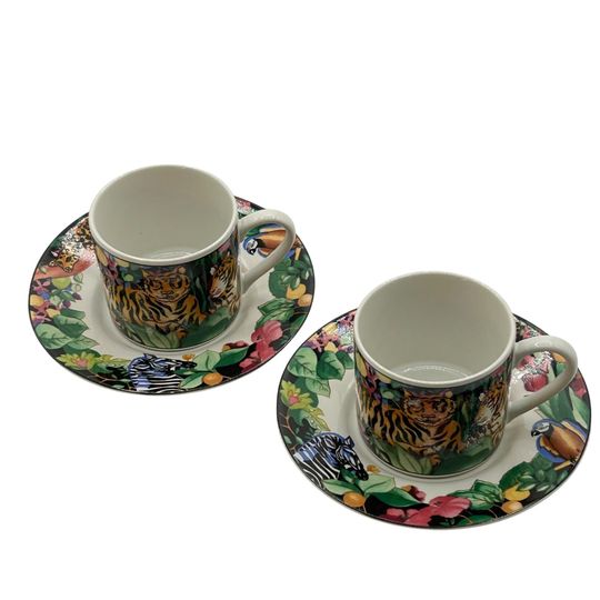 Rain Forest Pattern Coffee Cups and Saucers By Sue Zipkin 1993