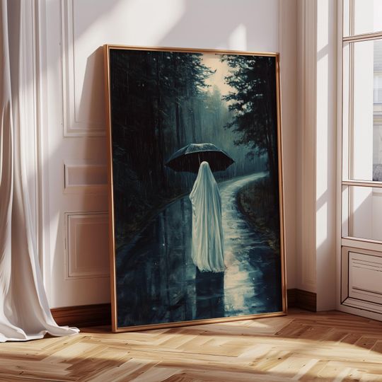 Discover Ghost in the Rain Canvas Wall Art | Haunting Rainy Forest Scene with Umbrella | Moody Halloween Gothic Spooky Aesthetic Dcor