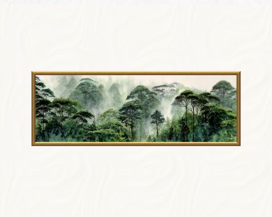 Discover Rainforest Panoramic Watercolor Print, Misty Jungle Forest Wall Art