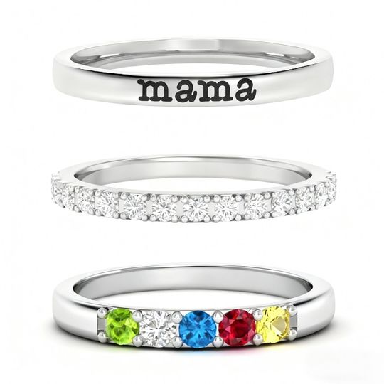Personalized Birthstone Stacking Ring Set with Custom Name Rings for Women