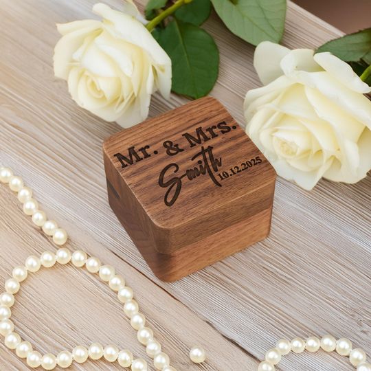 Custom Walnut Wooden Ring Box, Personalized Wedding Ceremony, Ring Bearer