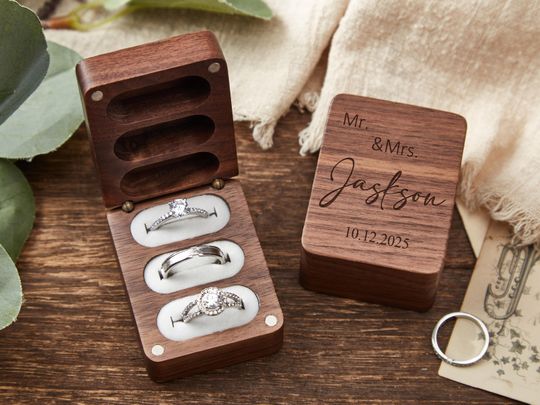 Discover Personalized Walnut Wedding Ring Box, Engraved Engagement Gift, Proposal Wooden Ring Bearer, Triple Slot Wedding Ring Box, Anniversary Gift